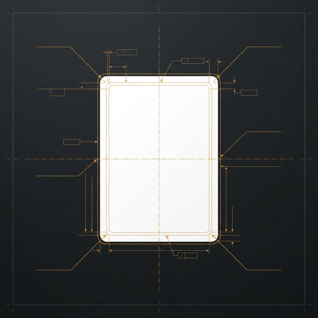 A diagram of a trading card with amber callout lines pointing to its four corners, its edges, its centering guides, and its surface