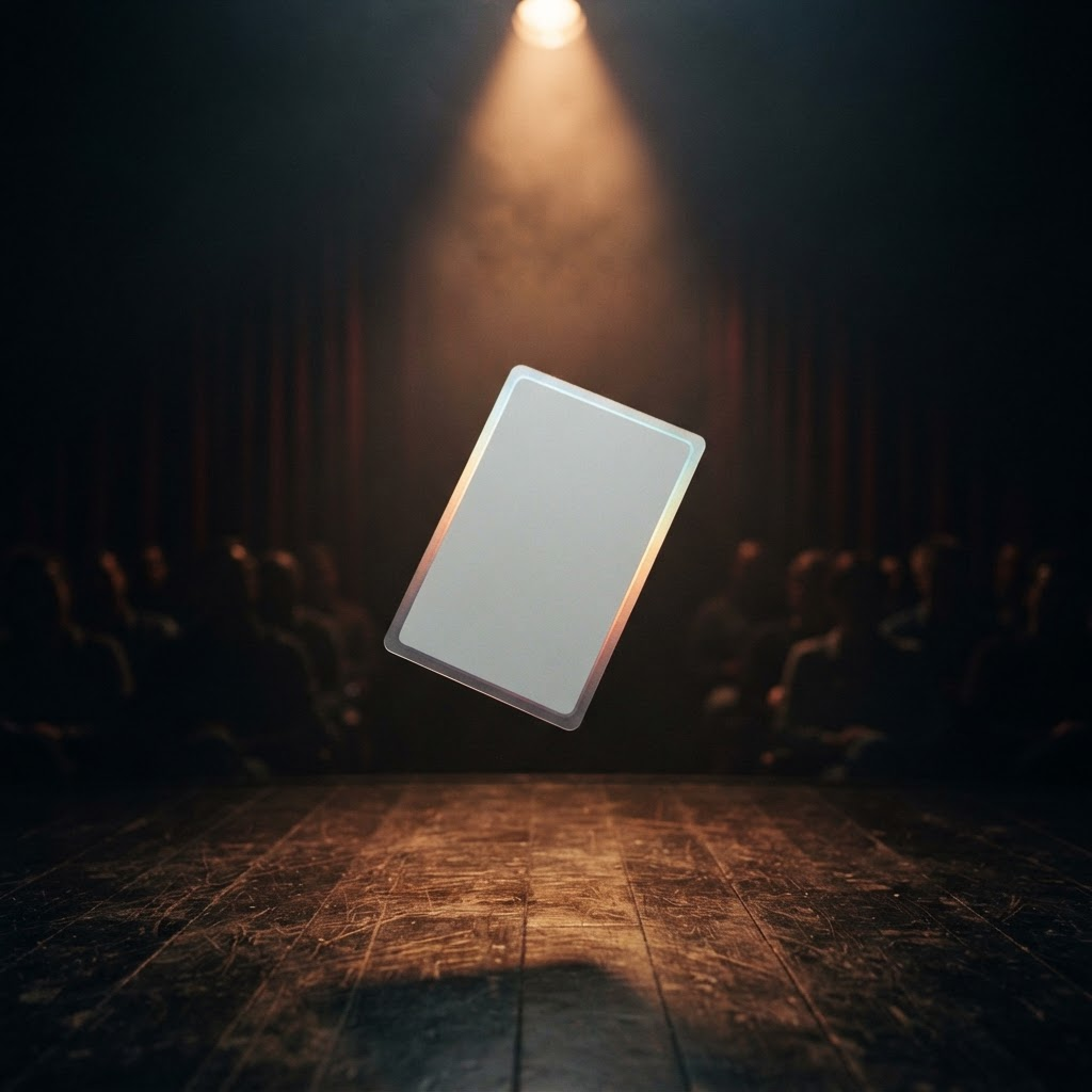 A single trading card lit by a warm spotlight on a dark auction stage, representing a card up for appraisal