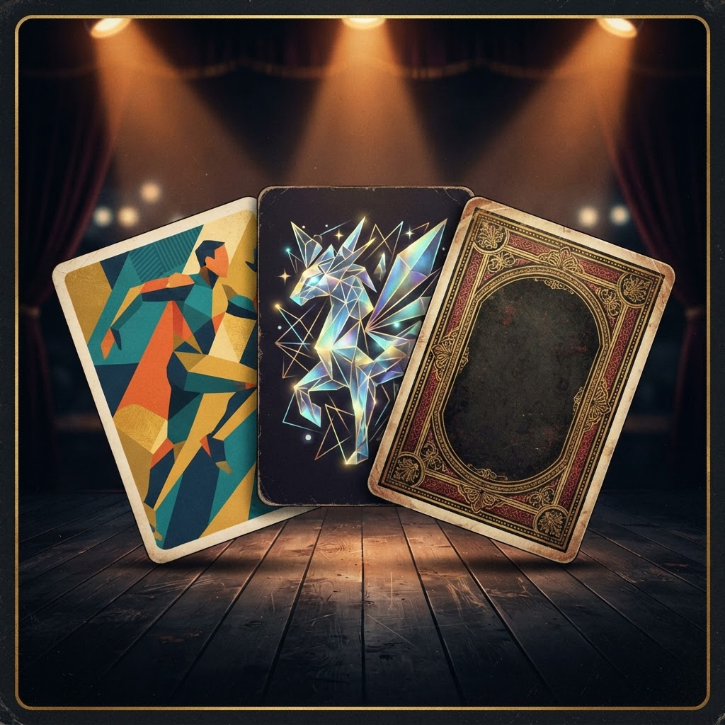 An illustration of three stylized trading cards fanned out under warm spotlights on a dark auction stage